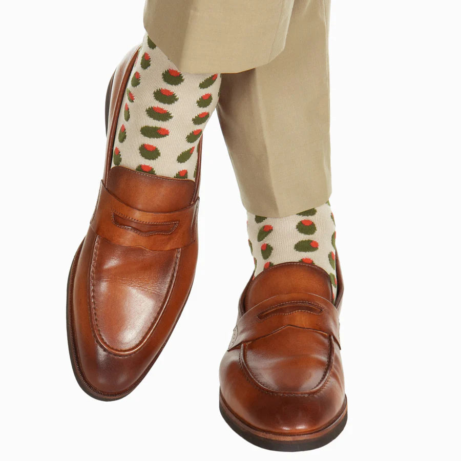 The Shirt Shop Dress Socks - Tan with Olives Sharp Men's Italian