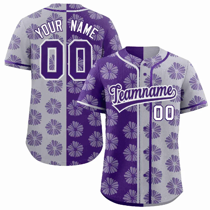 Custom Purple Light Gray Split Fashion Flower Graffiti Pattern Authentic Baseball Jersey Elegant Men's Cashmere