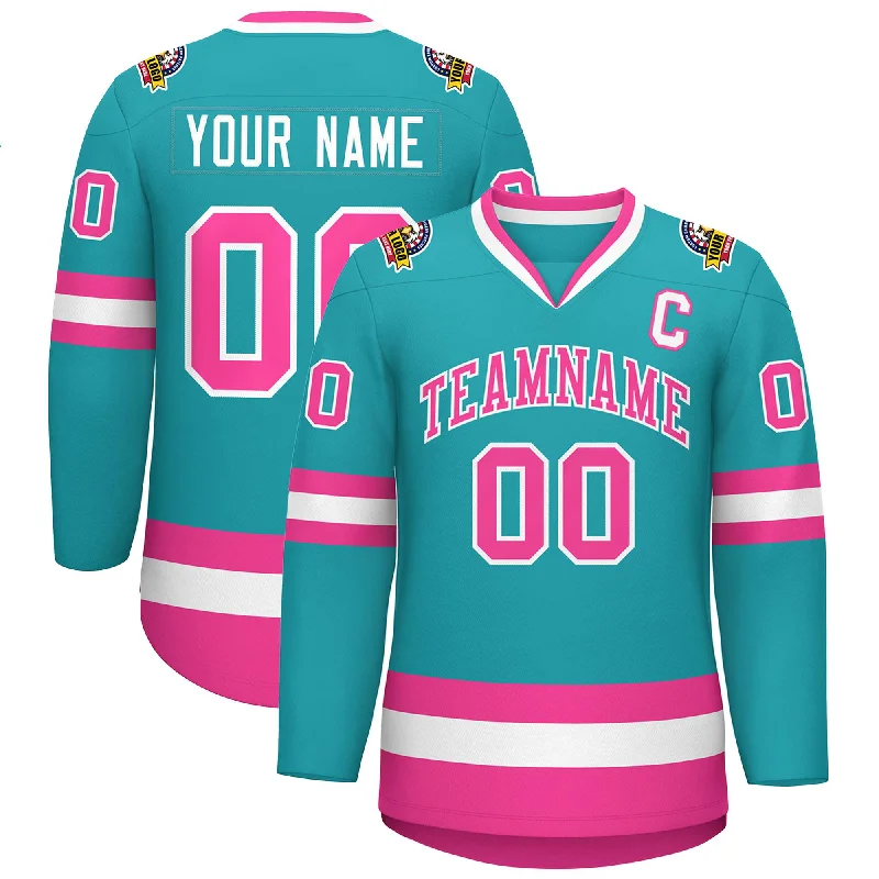 Custom Aqua Pink-White Classic Style Hockey Jersey Trendy Men's Bucket