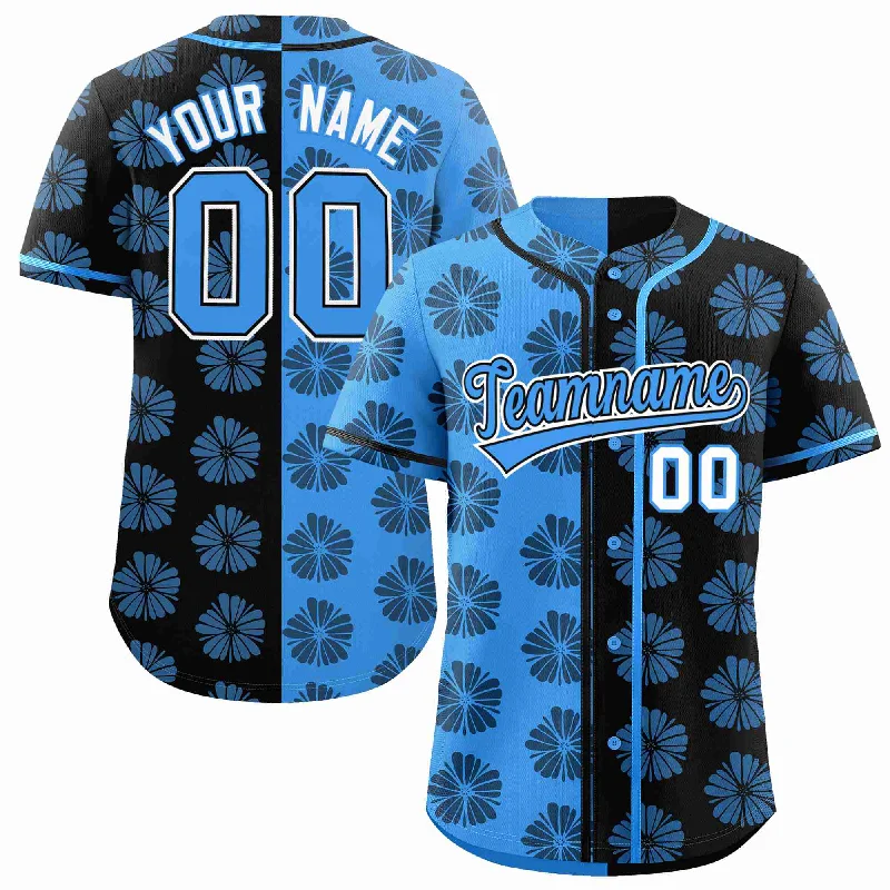 Custom Powder Blue Black Split Fashion Flower Graffiti Pattern Authentic Baseball Jersey Elegant Men's Cashmere