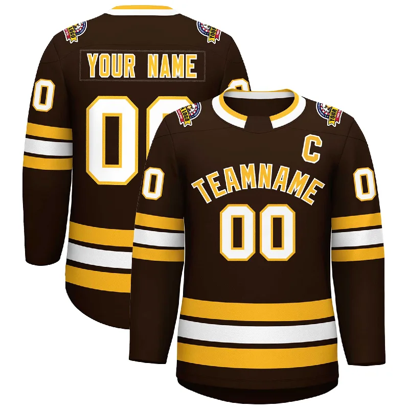 Custom Brown Gold-White Classic Style Hockey Jersey Youthful Men's Anime