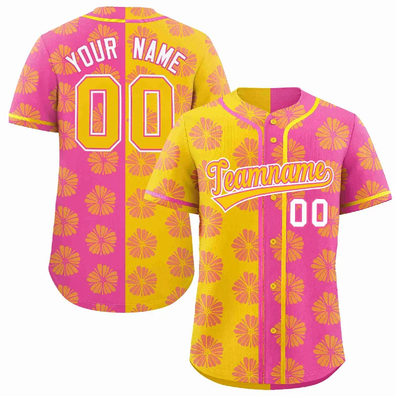 Custom Gold Pink Split Fashion Flower Graffiti Pattern Authentic Baseball Jersey Modern Men's Geometric