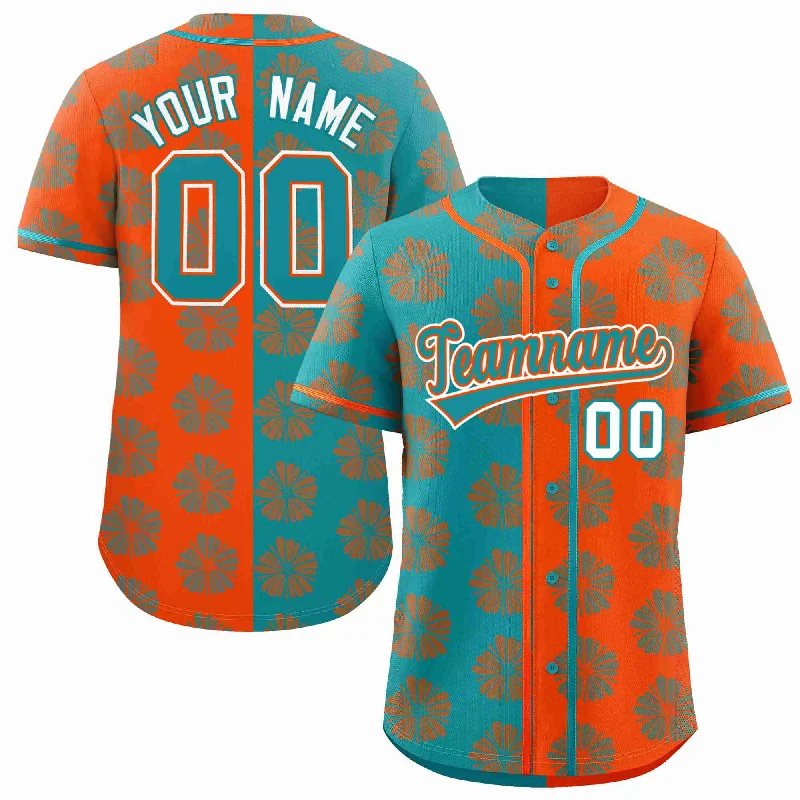 Custom Aqua Orange Split Fashion Flower Graffiti Pattern Authentic Baseball Jersey Monochromatic All