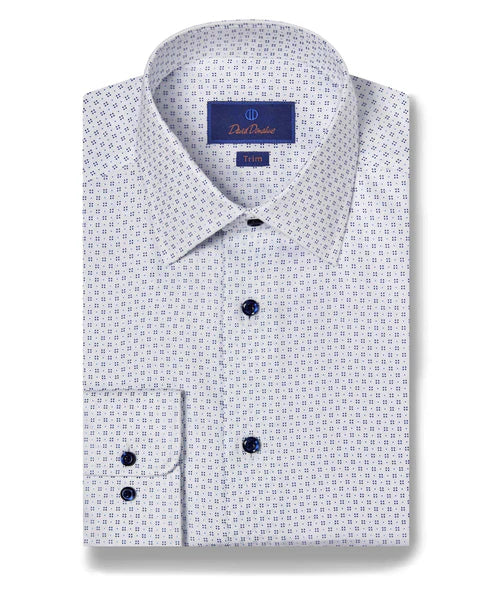 David Donahue White & Blue Geometric Dot Print Dress Shirt (Trim Fit) Sleek Men's Metallic