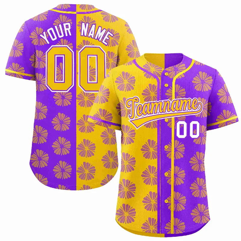 Custom Gold Purple Split Fashion Flower Graffiti Pattern Authentic Baseball Jersey Classic Men's Pin