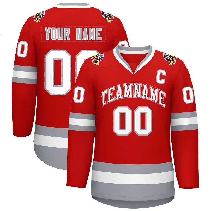 Custom Red White Red-Gray Classic Style Hockey Jersey Polished Men's Satin