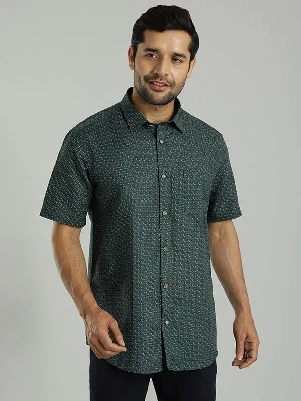 Men Printed Half Sleeve Linen Blend Shirt Preppy Men's College