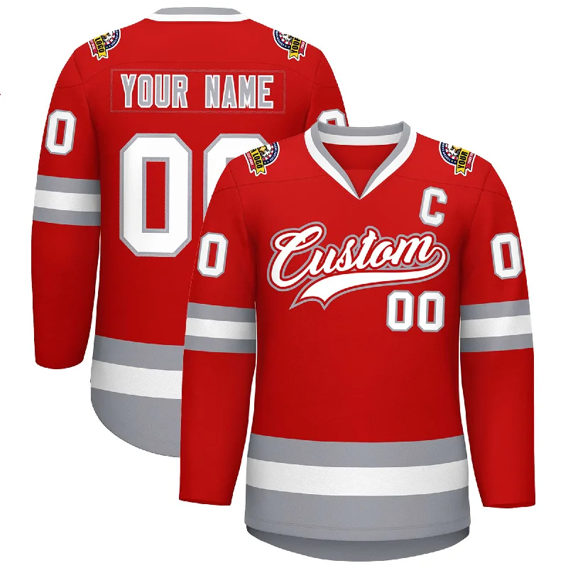 Custom Red White Red-Gray Classic Style Hockey Jersey Laid