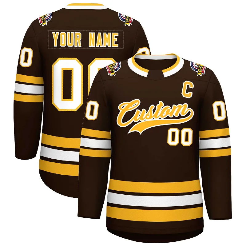 Custom Brown Gold-White Classic Style Hockey Jersey Rugged Men's Outdoor 