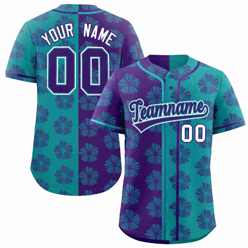 Custom Purple Aqua Split Fashion Flower Graffiti Pattern Authentic Baseball Jersey Trendy Men's Bucket