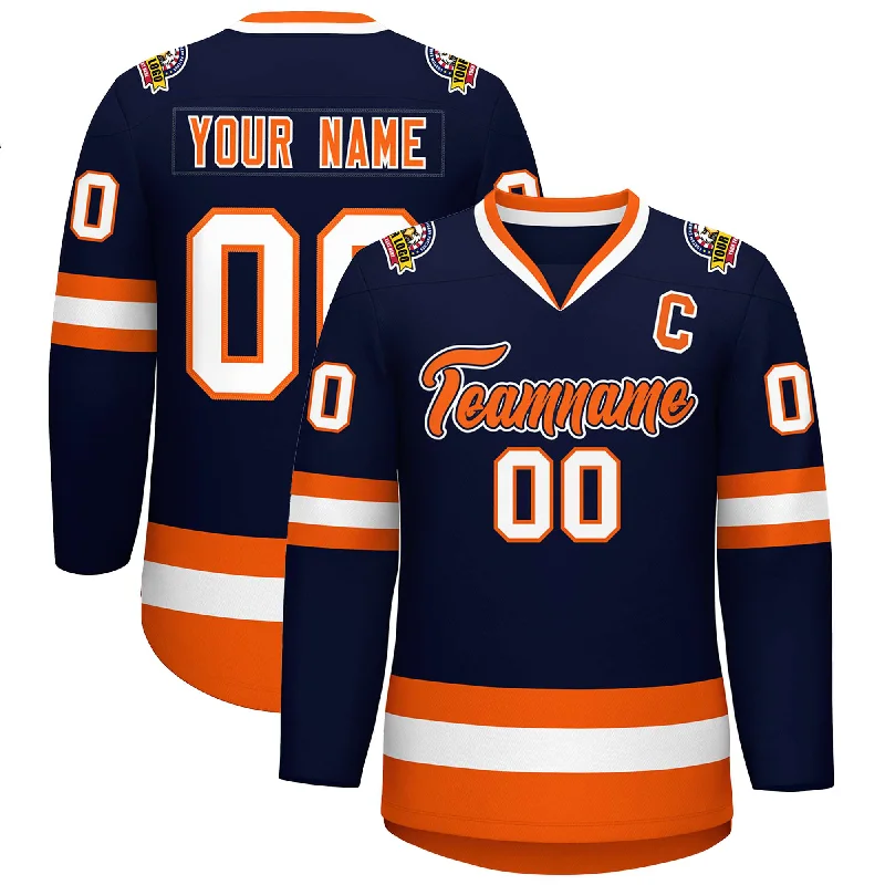 Custom Navy Orange Navy-White Classic Style Hockey Jersey Sleek Men's Metallic