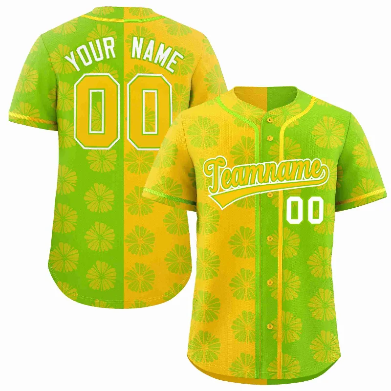 Custom Gold Neon Green Split Fashion Flower Graffiti Pattern Authentic Baseball Jersey Relaxed Men's Beach