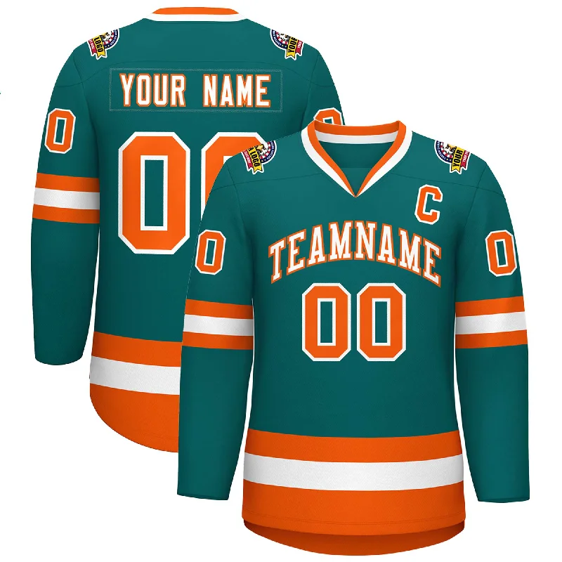 Custom Teal White-Orange Classic Style Hockey Jersey Confident Men's High