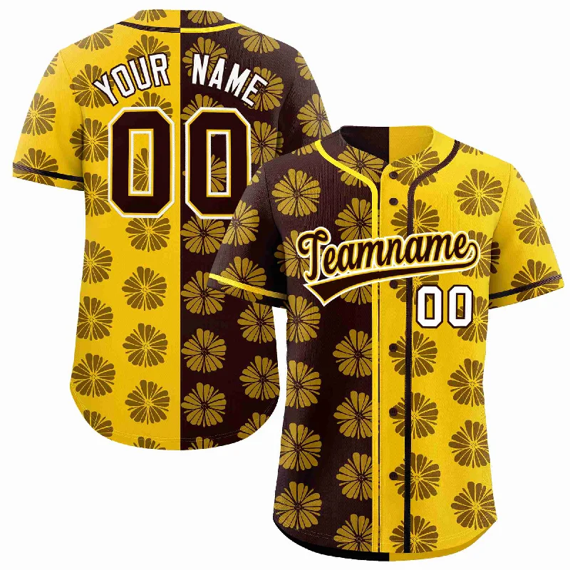 Custom Brown Gold Split Fashion Flower Graffiti Pattern Authentic Baseball Jersey Unique Men's Patch