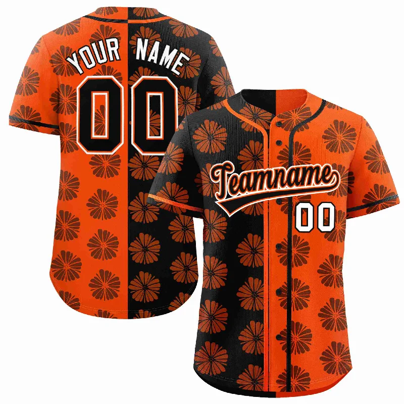 Custom Black Orange Split Fashion Flower Graffiti Pattern Authentic Baseball Jersey Monochromatic Office Style