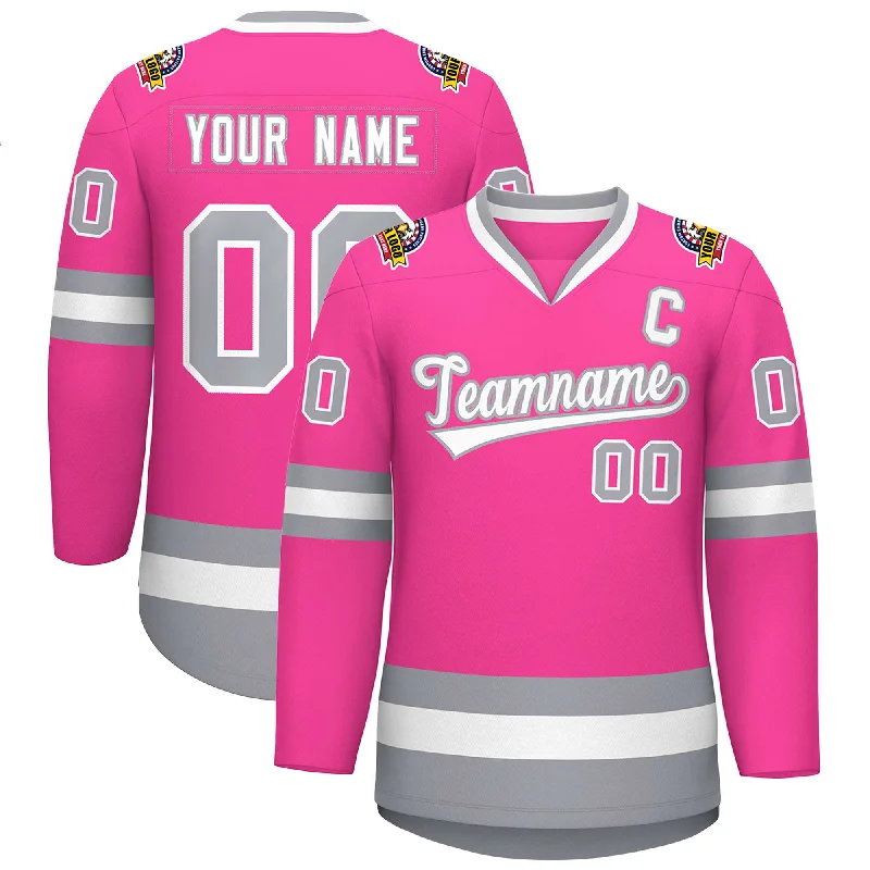 Custom Pink White-Gray Classic Style Hockey Jersey Sophisticated Men's French