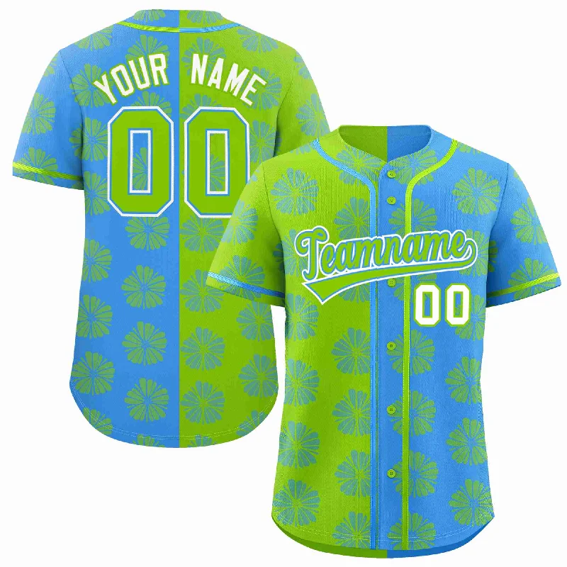 Custom Neon Green Powder Blue Split Fashion Flower Graffiti Pattern Authentic Baseball Jersey Athletic Men's High