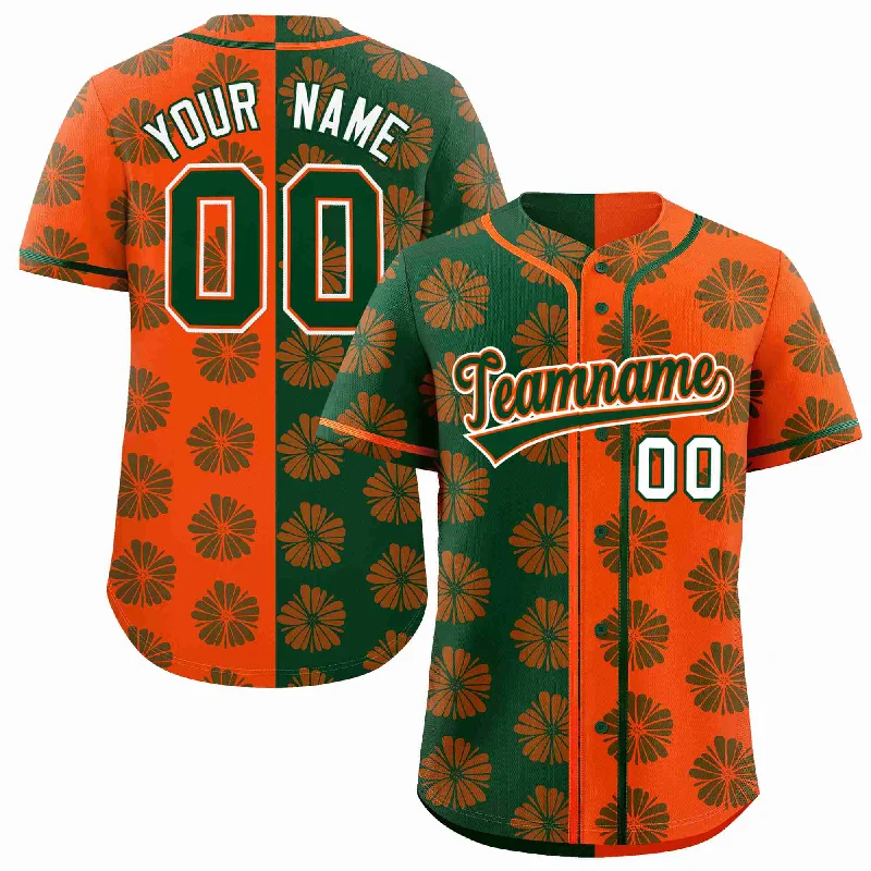 Custom Green Orange Split Fashion Flower Graffiti Pattern Authentic Baseball Jersey Laid