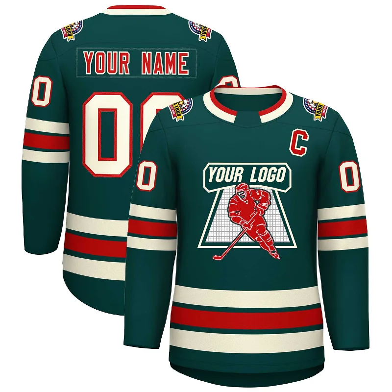 Custom Midnight Green Red-Khaki Classic Style Hockey Jersey Vacation