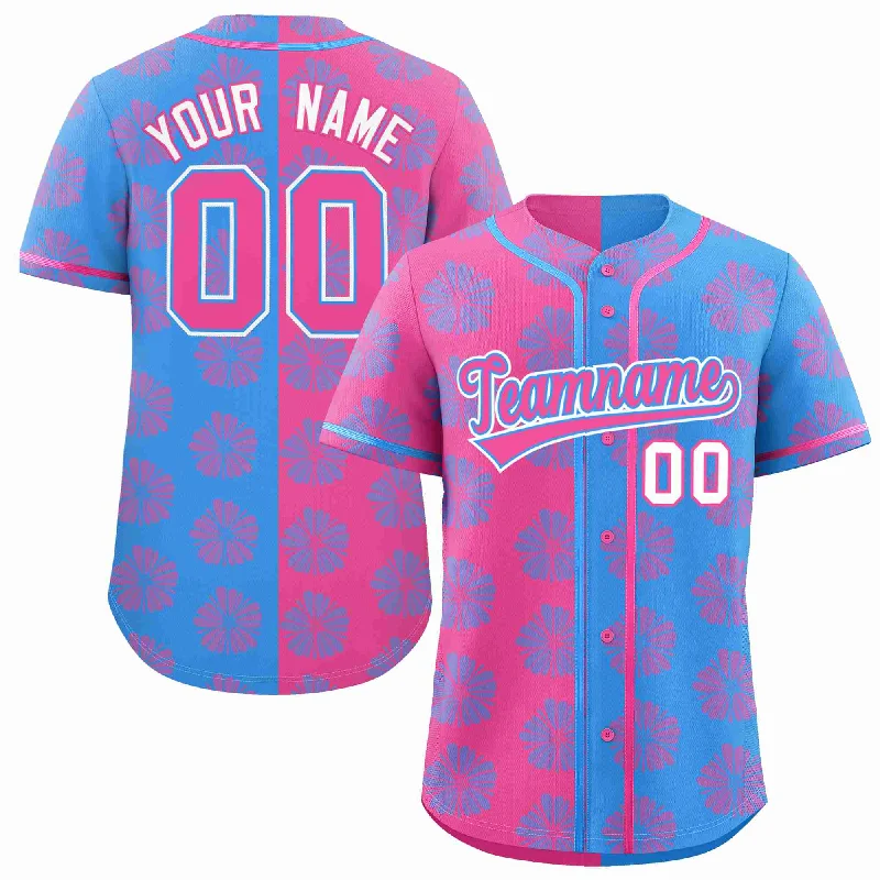 Custom Pink Powder Blue Split Fashion Flower Graffiti Pattern Authentic Baseball Jersey Tailored