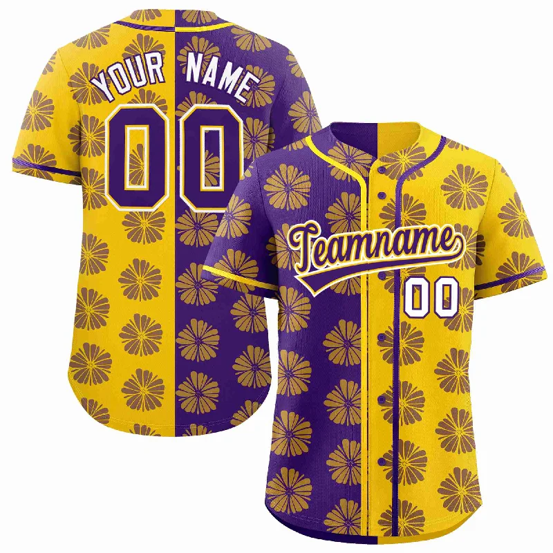 Custom Purple Gold Split Fashion Flower Graffiti Pattern Authentic Baseball Jersey Preppy Men's College