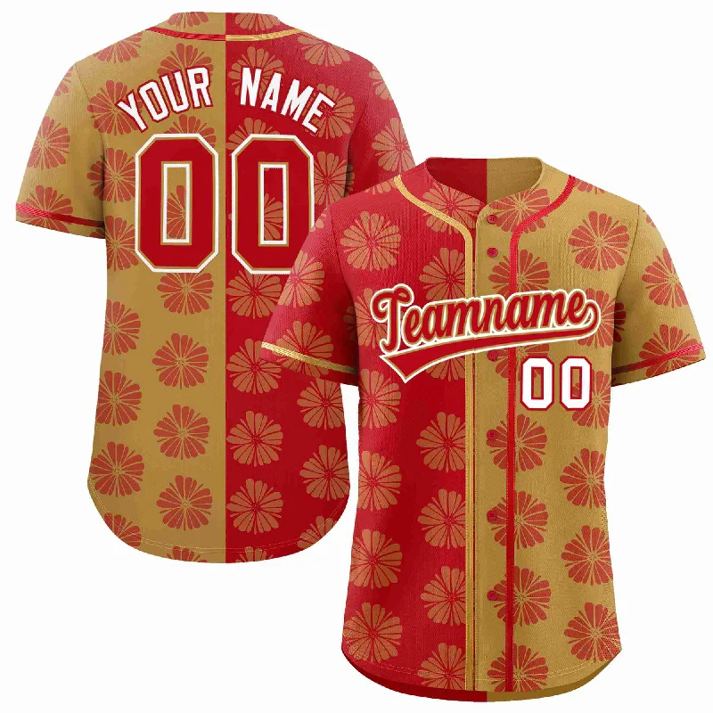 Custom Red Old Gold Split Fashion Flower Graffiti Pattern Authentic Baseball Jersey Modern Men's Tech