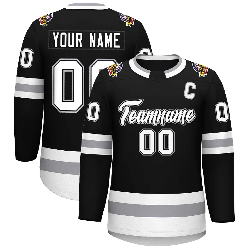 Custom Black White Black-Gray Classic Style Hockey Jersey Laid