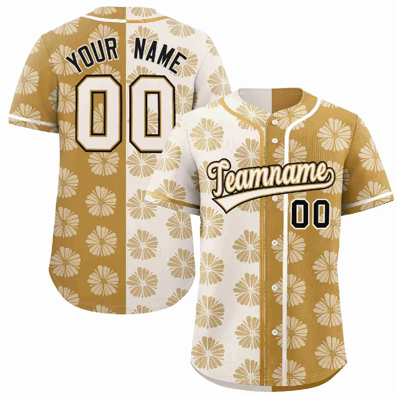 Custom Cream Old Gold Split Fashion Flower Graffiti Pattern Authentic Baseball Jersey Polished Men's Satin