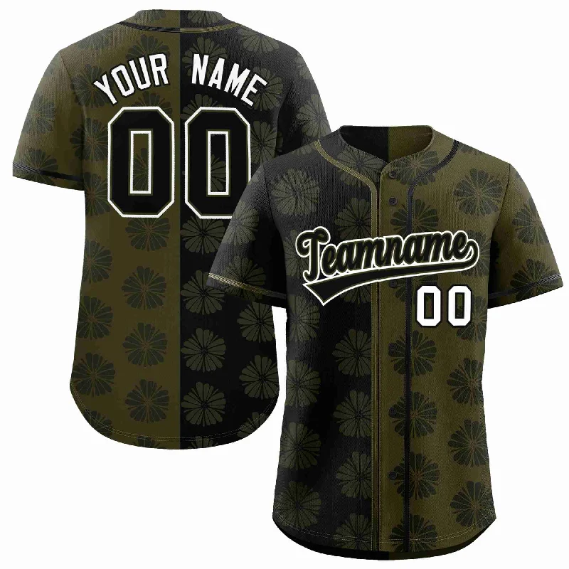 Custom Black Olive Split Fashion Flower Graffiti Pattern Authentic Baseball Jersey Vacation