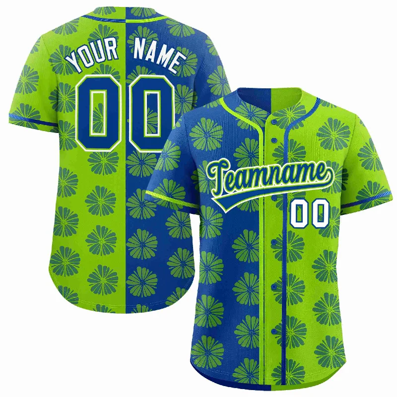 Custom Royal Neon Green Split Fashion Flower Graffiti Pattern Authentic Baseball Jersey Trendy Men's Oversized