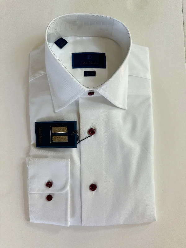 David Donahue White with Crimson Buttons Dress Shirt (Trim Fit) Luxurious Men's High