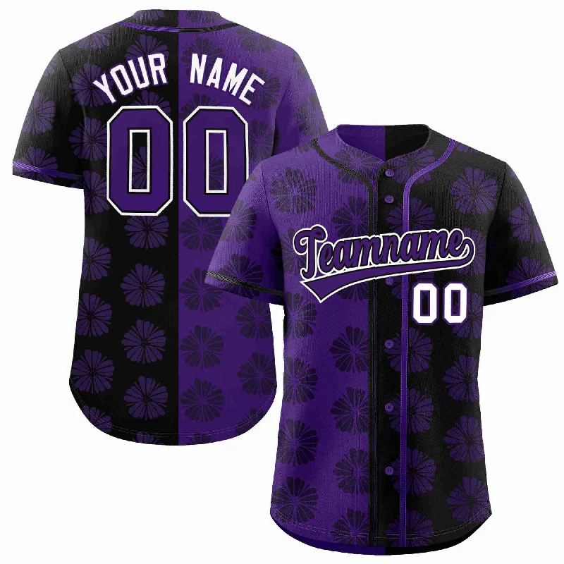 Custom Purple Black Split Fashion Flower Graffiti Pattern Authentic Baseball Jersey Vintage Men's 1970S Disco