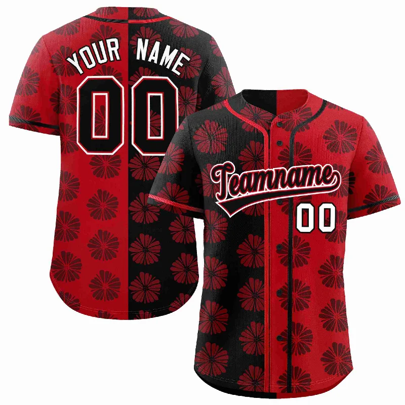 Custom Black Red Split Fashion Flower Graffiti Pattern Authentic Baseball Jersey Refined Men's European