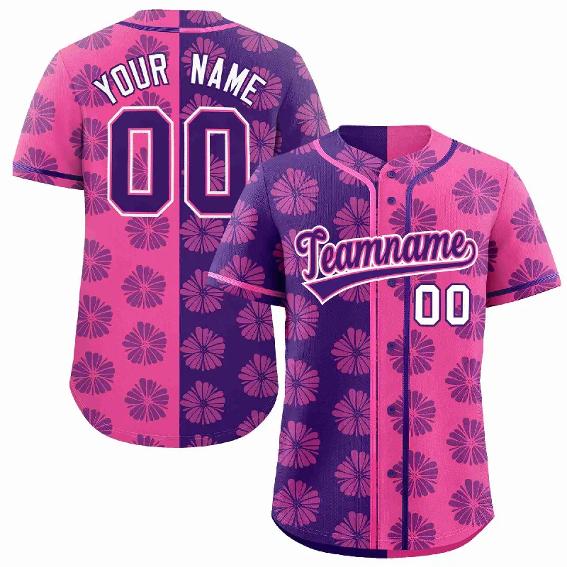 Custom Purple Pink Split Fashion Flower Graffiti Pattern Authentic Baseball Jersey Streetwear Style