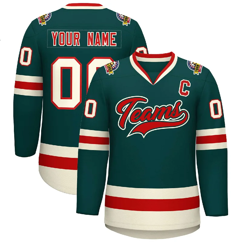 Custom Midnight Green Red Midnight Green-Khaki Classic Style Hockey Jersey Lumberjack