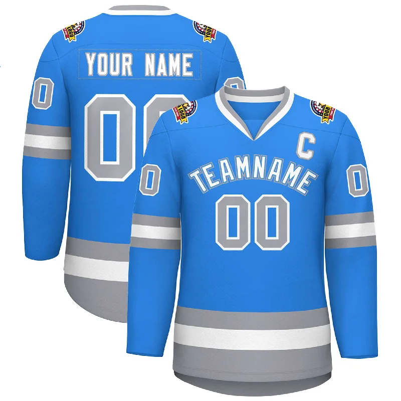 Custom Powder Blue White Powder Blue-Gray Classic Style Hockey Jersey Confident Men's Power