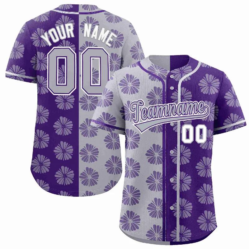 Custom Light Gray Purple Split Fashion Flower Graffiti Pattern Authentic Baseball Jersey Relaxed Men's Beach