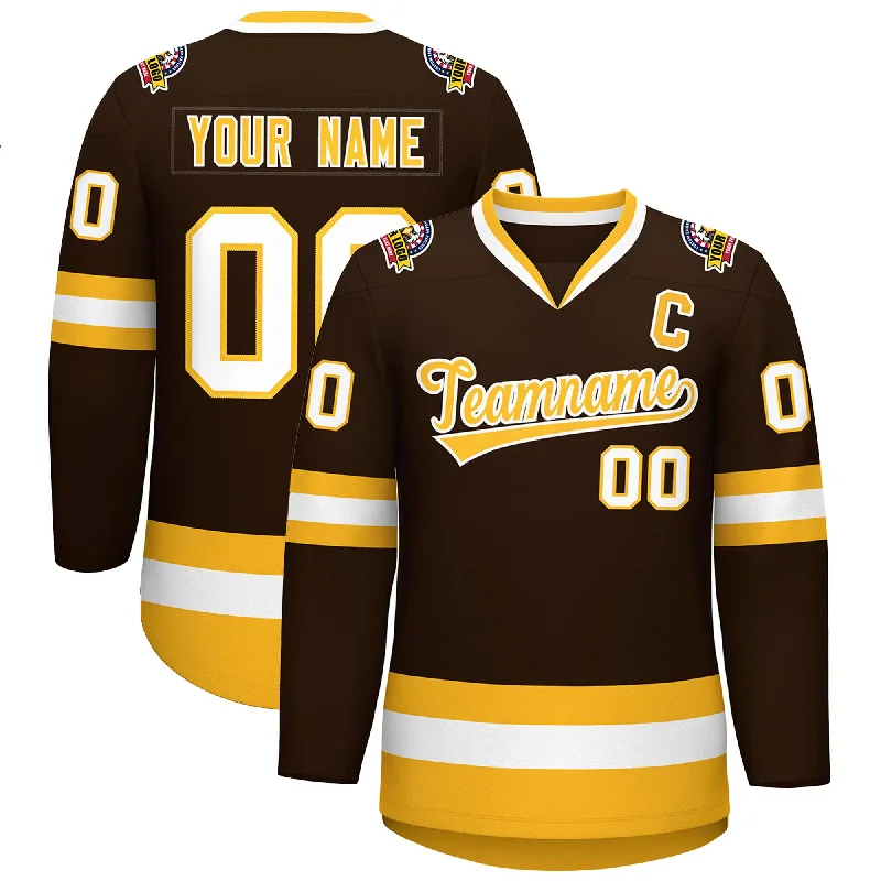 Custom Brown Gold-White Classic Style Hockey Jersey Sharp Men's Italian