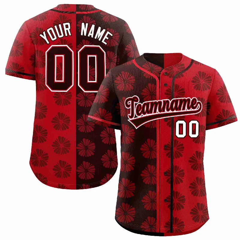 Custom Brown Red Split Fashion Flower Graffiti Pattern Authentic Baseball Jersey Polished Men's Satin