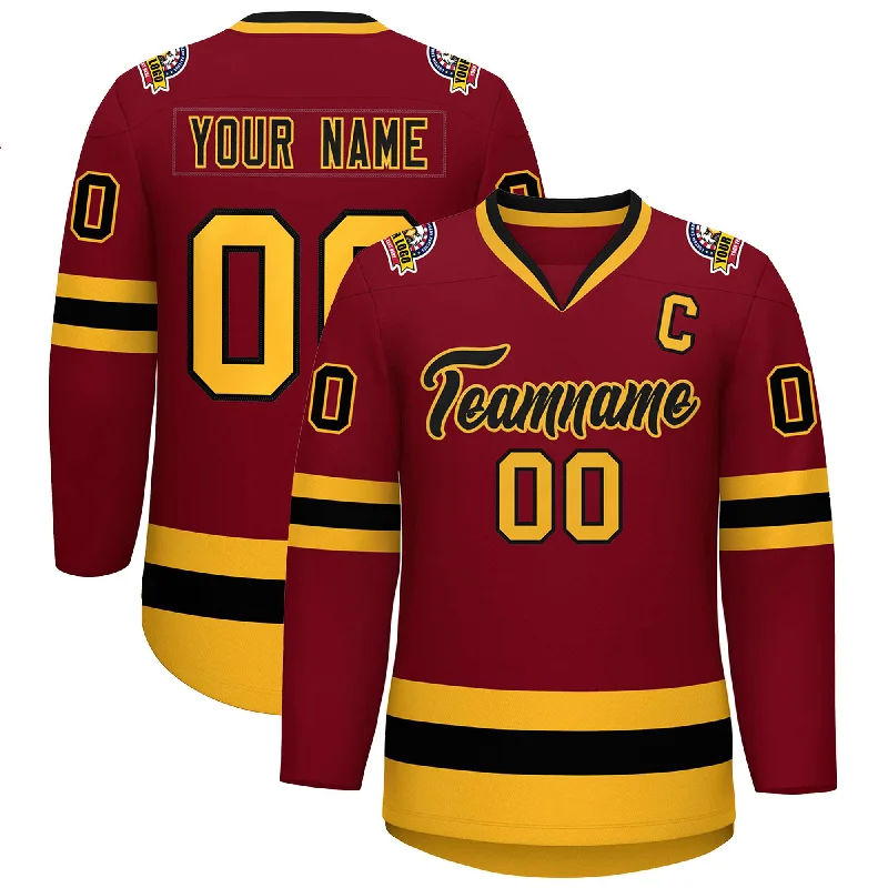 Custom Crimson Black-Gold Classic Style Hockey Jersey Masculine Men's Thick