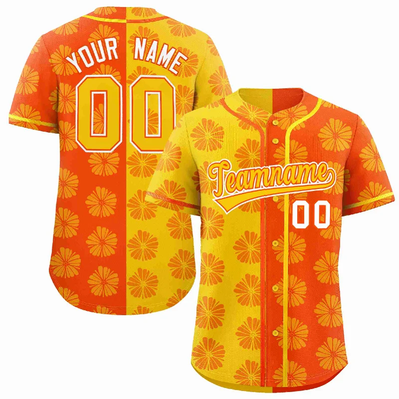 Custom Gold Orange Split Fashion Flower Graffiti Pattern Authentic Baseball Jersey Confident Men's High