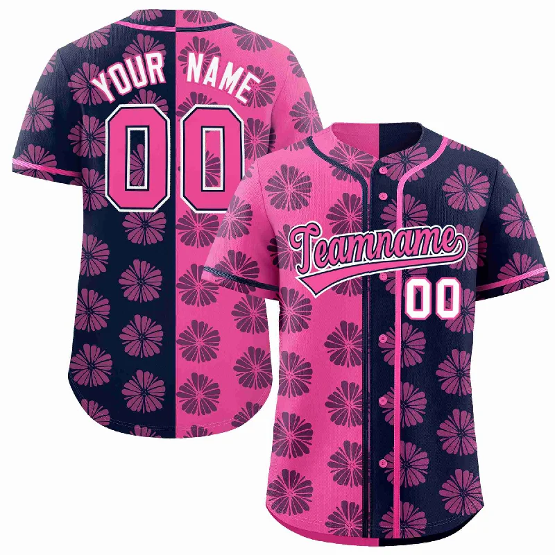 Custom Pink Navy Split Fashion Flower Graffiti Pattern Authentic Baseball Jersey Sleek Men's Metallic