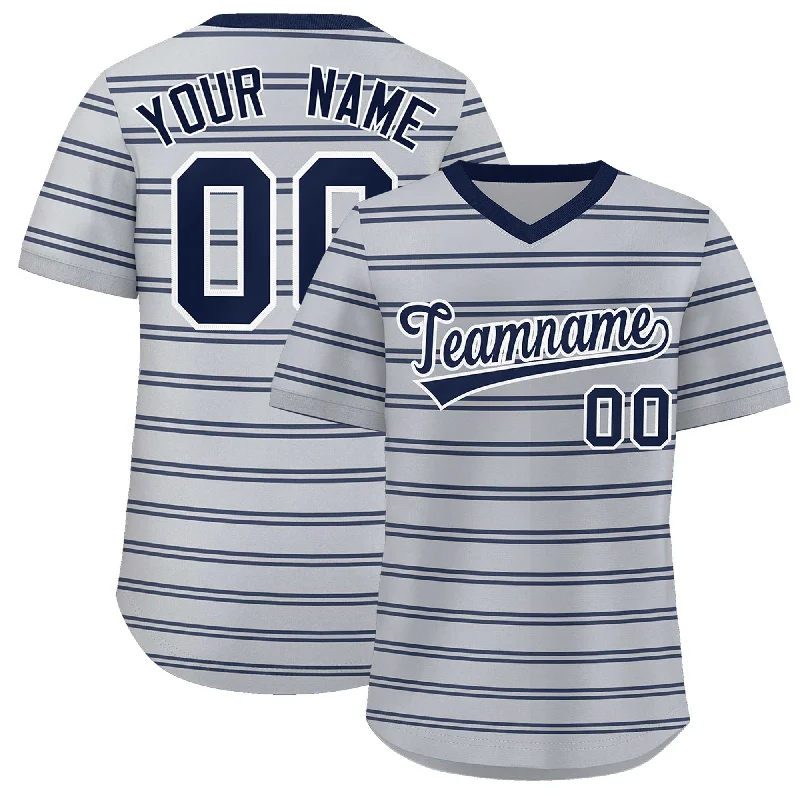 Custom Gray Navy Personalized Horizontal Stripe Authentic Pullover Baseball Jersey Modern Men's Tech