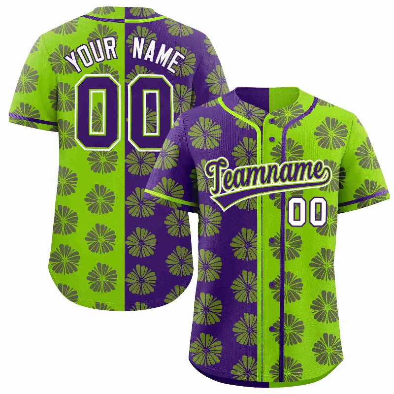 Custom Purple Neon Green Split Fashion Flower Graffiti Pattern Authentic Baseball Jersey Minimalist Men's Casual 