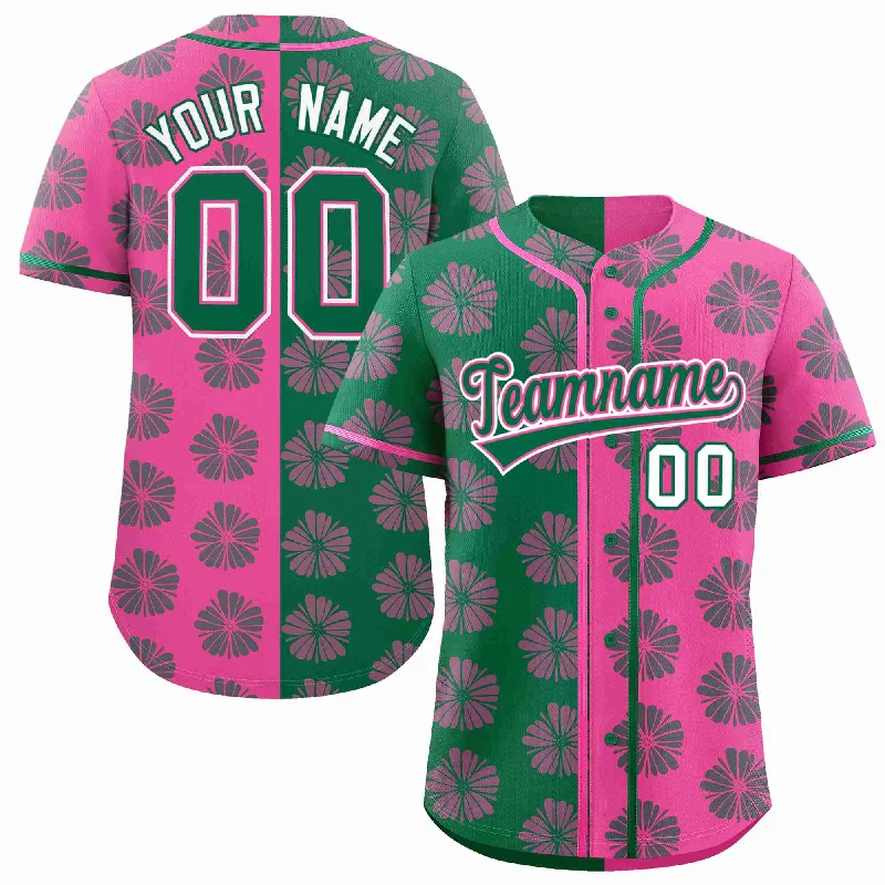 Custom Kelly Green Pink Split Fashion Flower Graffiti Pattern Authentic Baseball Jersey Laid