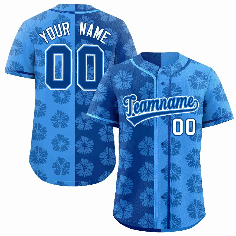 Custom Royal Powder Blue Split Fashion Flower Graffiti Pattern Authentic Baseball Jersey Tough Men's Military