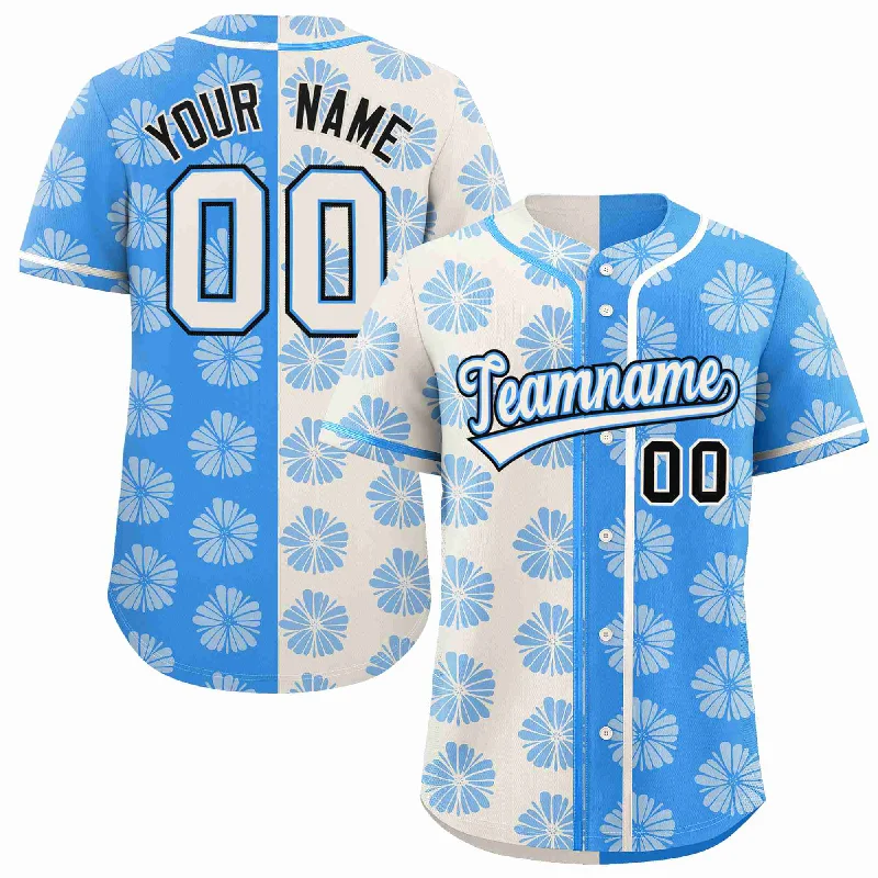 Custom Cream Powder Blue Split Fashion Flower Graffiti Pattern Authentic Baseball Jersey Athletic Men's Compression