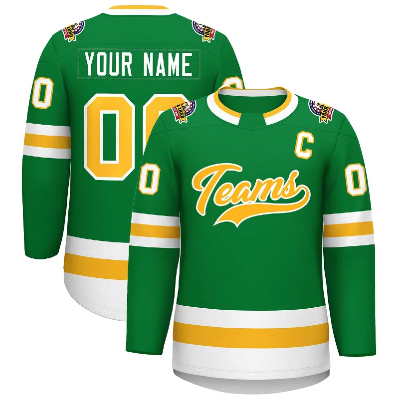 Custom Kelly Green Gold-White Classic Style Hockey Jersey Elegant Men's Cashmere