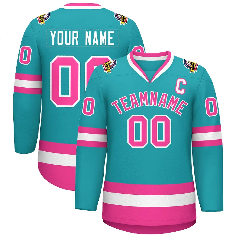 Custom Aqua Pink-White Classic Style Hockey Jersey Refined Men's European