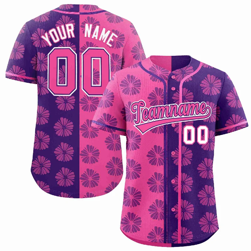 Custom Pink Purple Split Fashion Flower Graffiti Pattern Authentic Baseball Jersey Masculine Men's Thick